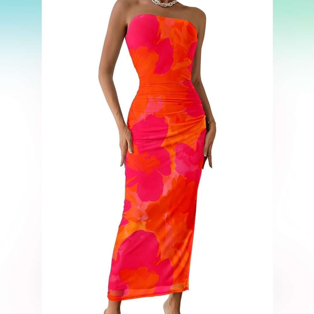 Vibrant Orange and Pink Strapless Dress